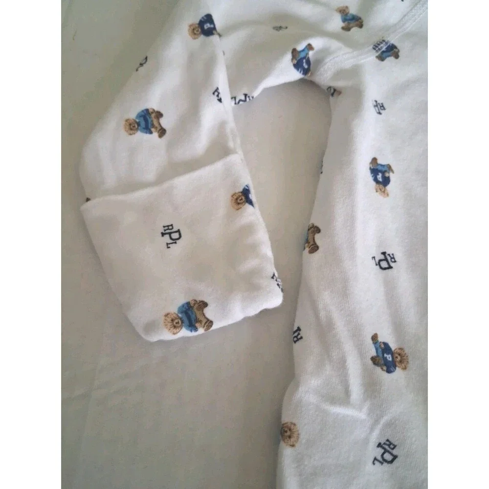 Ralph Lauren Baby Sleeper Blue White Classic Bear Footed Pajamas Cotton 6M Polo